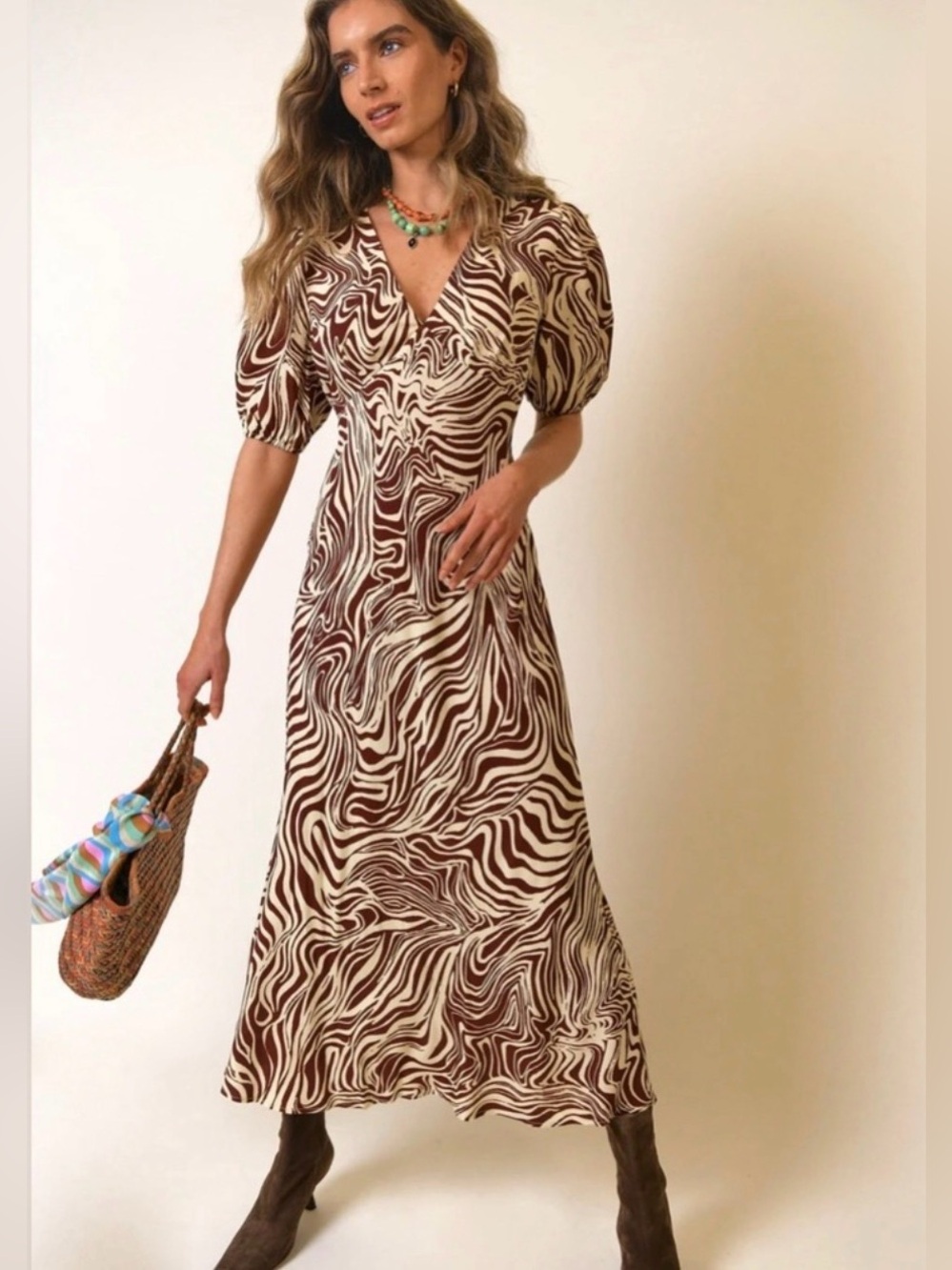 RIXO Poppy Midi Dress Brown Cream Print Small US 6
